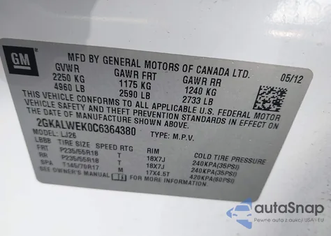 2012 GMC Terrain Slt-2 z USA, uszkodzony, nr VIN 2GKALWEK0C6364380